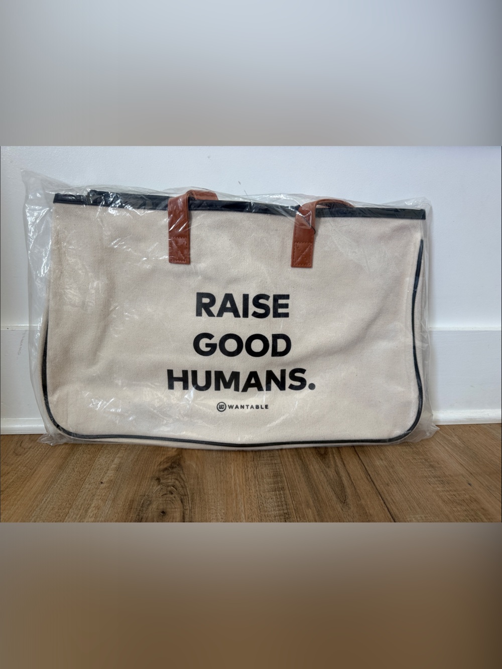 RAISE GOOD HUMANS Canvas Tote Bag - Cream with Brown Accents